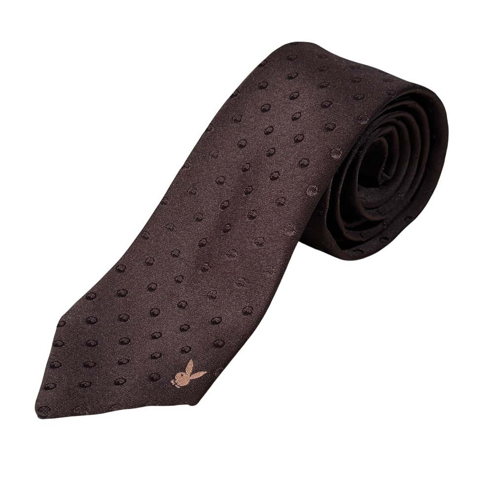 Playboy Mens Necktie Dark Brown Polka Dot Embroidered Bunny Logo Classic Tie
